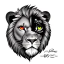 half lion face with color eyes, with "Psalms" placed over one eye and "46:5" placed over the other eye tattoo design idea