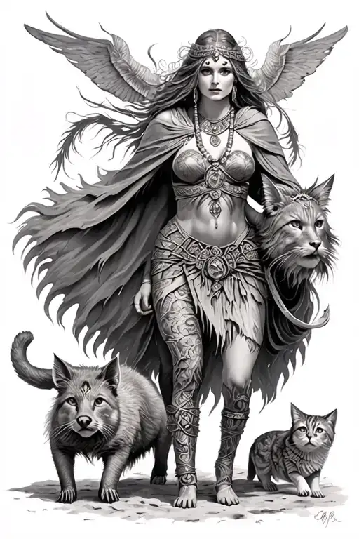  Norse Goddess Freya wearing a necklace and cloak, chariot pulled by 2 cats. Show a wild boar. Make her look Gypsy tattoo design idea