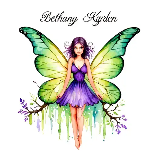 fairy with purple & green butterfly wings with legs merging into a tree branches spell  Bethany, Ayden, Karlee  tattoo design idea