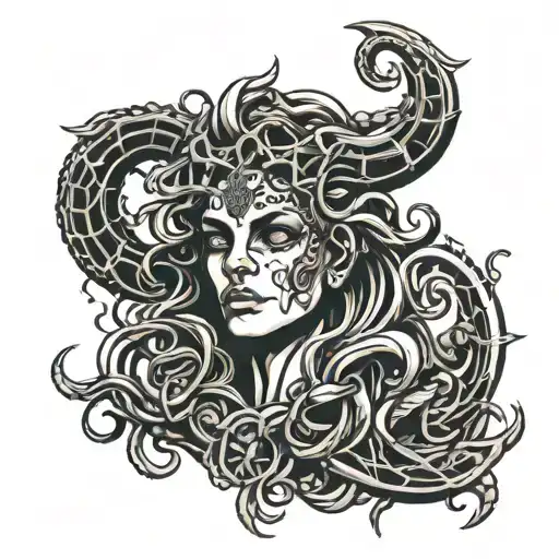 Design a tattoo that integrates Medusa's head, K, Samson, a cross, a scythe, Martha and 1998 tattoo design idea