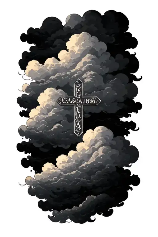 clouds cross with name incorporated tattoo design idea