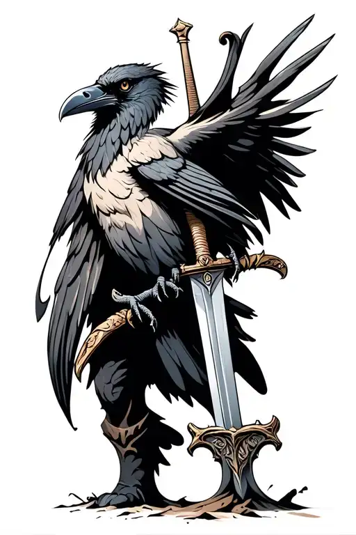 long sword stuck in ground raven perched on handle tattoo design idea