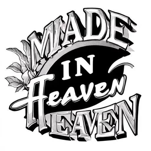 a white background with the inscription MADE IN HEAVEN on it, in the shape of a semicircle, each word is moved to a new  tattoo design idea
