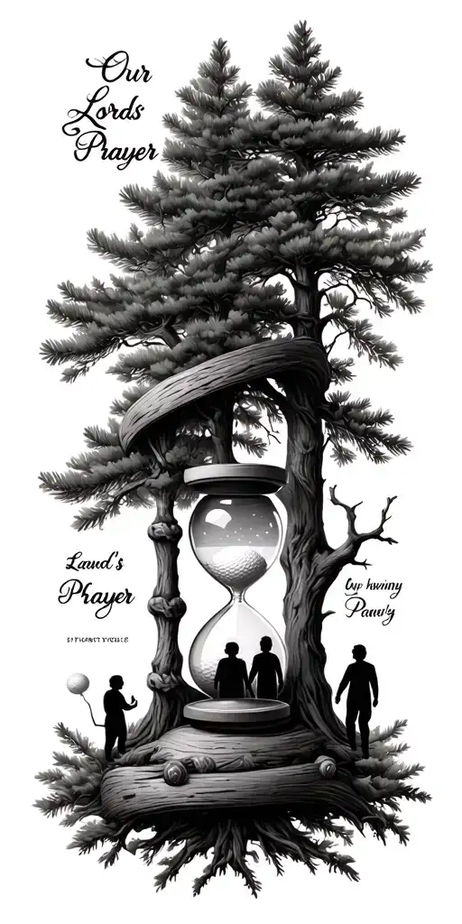 "Our lords prayer" Pine forest wrap around and family tree and hour glass father with 3 kids and golf tattoo design idea