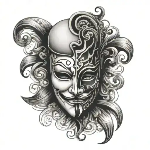 “Design a tattoo that combines two classic theatrical masks: one happy and one sad, representing the duality of tattoo design idea