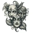 “Design a tattoo that combines two classic theatrical masks: one happy and one sad, representing the duality of tattoo design idea