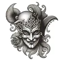 “Design a tattoo that combines two classic theatrical masks: one happy and one sad, representing the duality of tattoo design idea