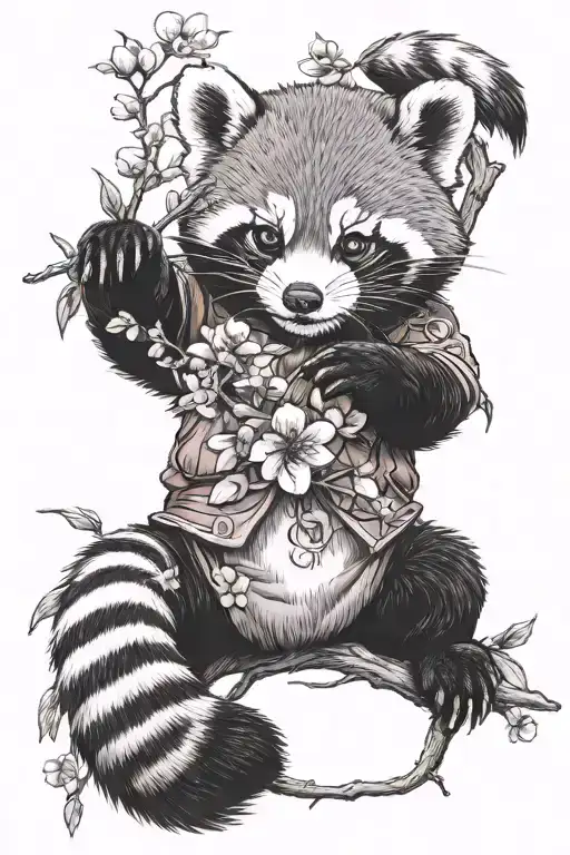 red panda holding cherry blossom branch with tai chi symbol tattoo design idea