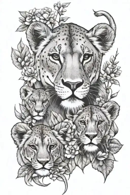 lioness and two cubs with birth flowers for January, February and july tattoo design idea