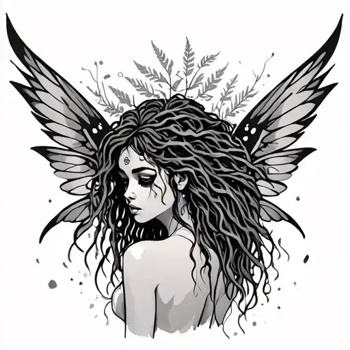 back woman fairy weed wings dreadloc tattoo design idea
