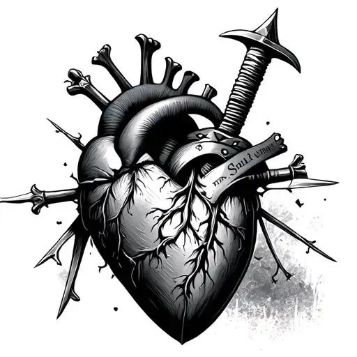 heart with dagger going through it. the name Saul written in Latin letters on the handle of the dagger  tattoo design idea