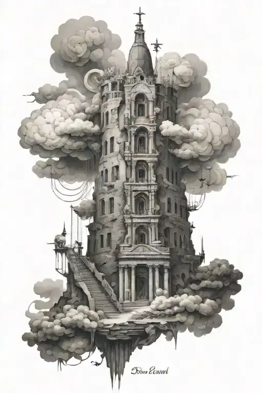 babel tower with a harp in heaven tattoo design idea