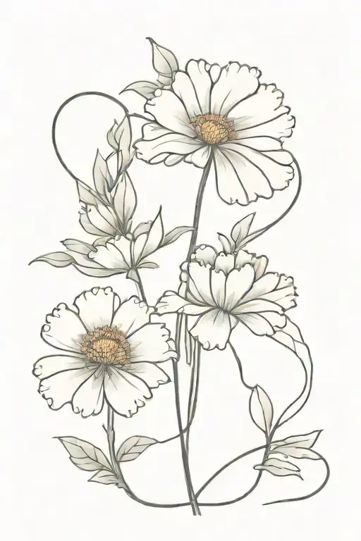 marigold flowers held together by ribbon with more stem less flower, only two flowers, and no additional flowers/leaves tattoo design idea