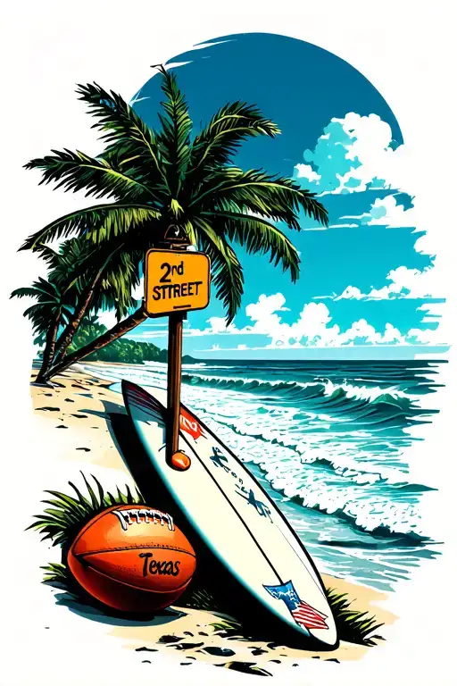 beach with surfer fading into a Texas theme pattern with football and a street sign on the beach that says 2nd street tattoo design idea