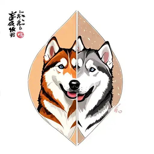 Draw two huskies one orange and one gray with white, side by side tattoo design idea