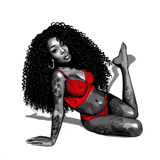 black woman in red lingerie posing full body curly hair legs crossed laying down tattoo design idea