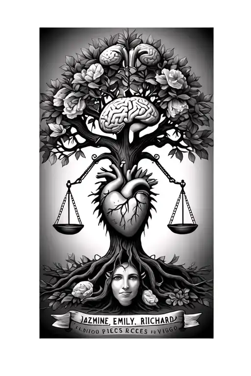 "JAZMINE, EMILY, RICHARD" Libra Family tree w/ balance scales holding  a human heart & human brain & Taurus Pisces and Virgo combo tattoo design idea