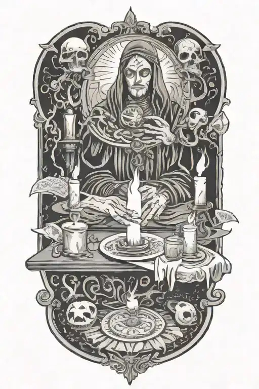 Occultist performing a ritual, candles, tarot cards tattoo design idea