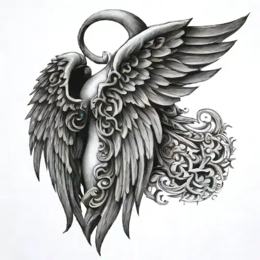 angel wings on the back of the neck with some art that goes with the wings down the spine tattoo design idea
