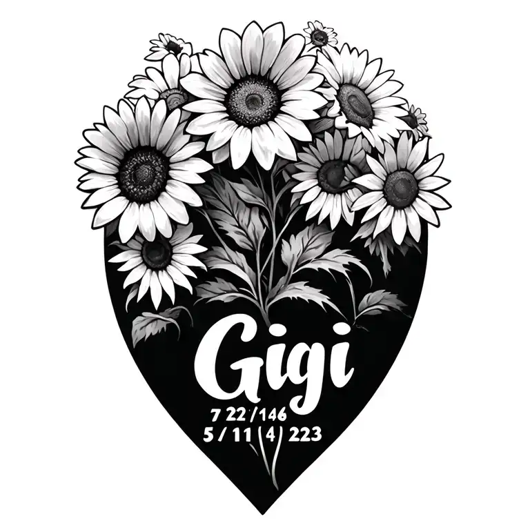  a memorial tattoo design, of Daisies, sunflowers and the name "Gigi" and the dates, "7/21/46" and "5/11/23' tattoo design idea