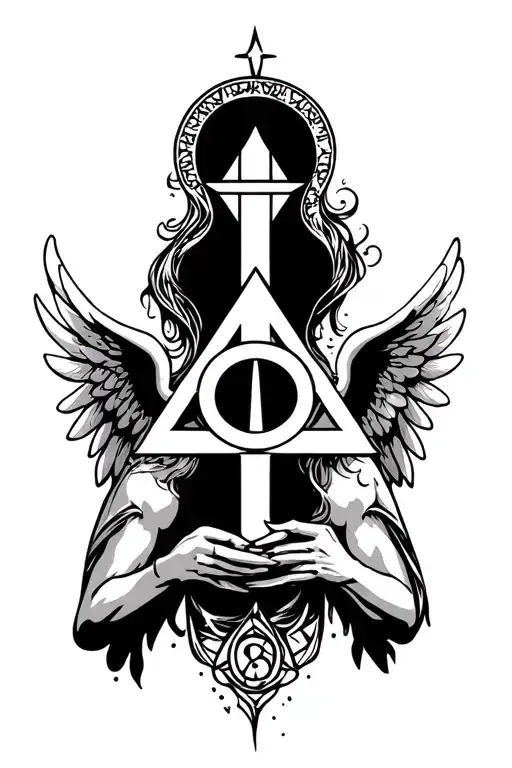 the 3 alchemic symbols brought up by an angel holding tattoo design idea