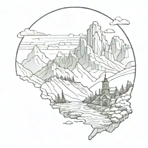 holy place surrounded by mountains tattoo design idea