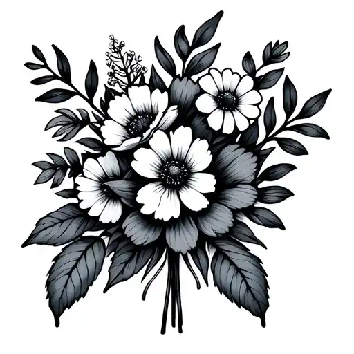 a fine line bouquet with the birth flowers of march, april, may, june, august, september, october, november, december tattoo design idea