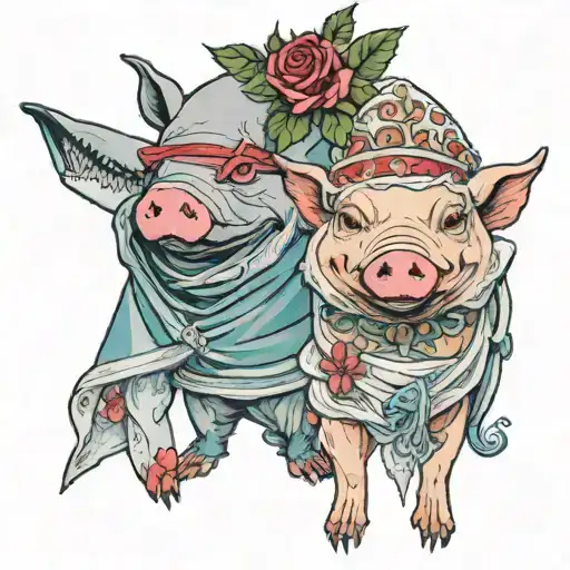 a pig in a wedding veil whose hoof is holding a great white shark's fing standing next to each other at the alter. since tattoo design idea