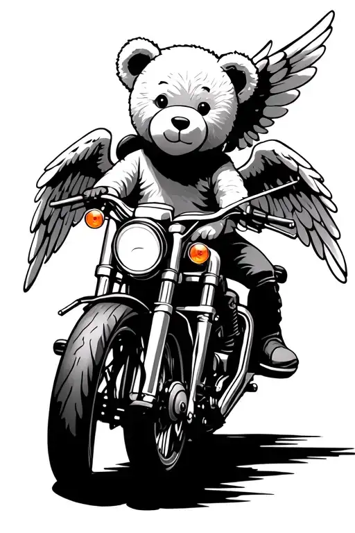 teddy bear with angel wings on a motorcycle tattoo design idea