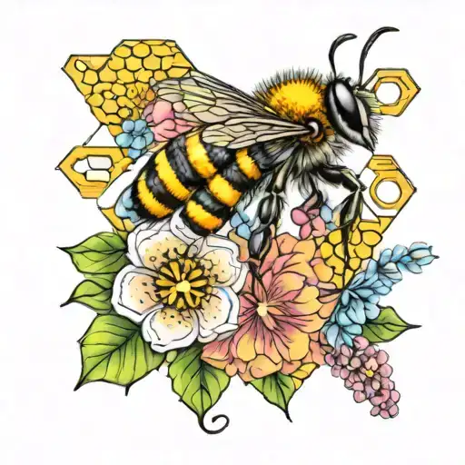 Realistic bee with vibrant flowers and honeycomb hexagon patterns in the background, rich in detail tattoo design idea