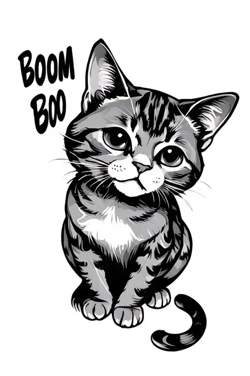 simple Dj Cat with the word 'BOOM' written  tattoo design idea