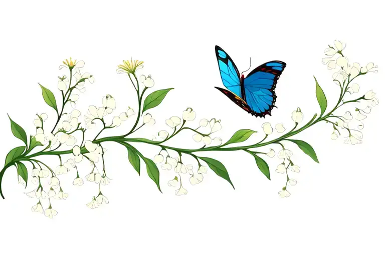 a minimalist flower vine with lily of the valley and daisys, I also want a few monarch and blue morpho butterflie tattoo design idea