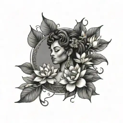 Mother Nature with african turquoise and surrounded in lotus flowers tattoo design idea