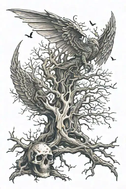 tree, bones, dragon, fallen angel wings, memento mori tattoo design idea