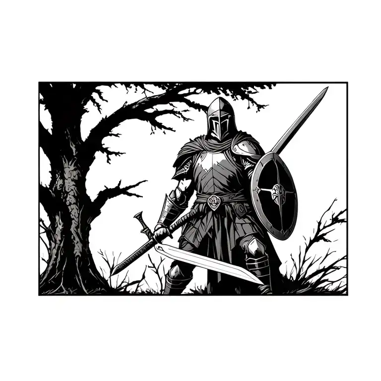 A soldier clad in spartan armor with sword and shield in a dark setting next to a tree. tattoo design idea