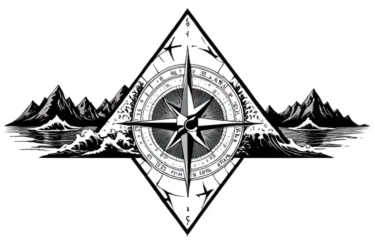 large compass surrounded by intricate geometric mountains and crashing waves, black and white, triangle frame tattoo design idea