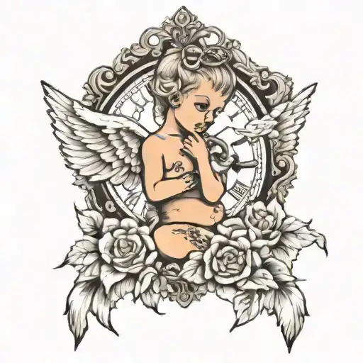 angel baby with the clock face tattoo design idea
