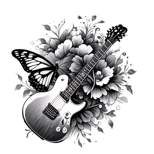 Guitar and butterfly resting tattoo design idea