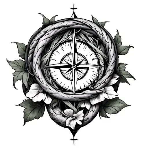 Ouroboros with compass rose at the center surrounded by Hellebore tattoo design idea