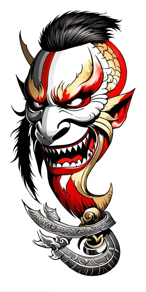 oni mask with a Samurai warrior wielding tattoo design idea