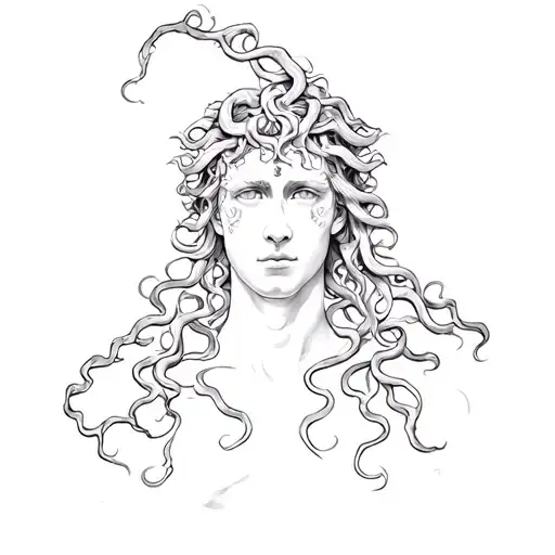 Portrait of Medusa with the face of the person in the photo, realistic tattoo style in black ink, fine details, Serpie tattoo design idea