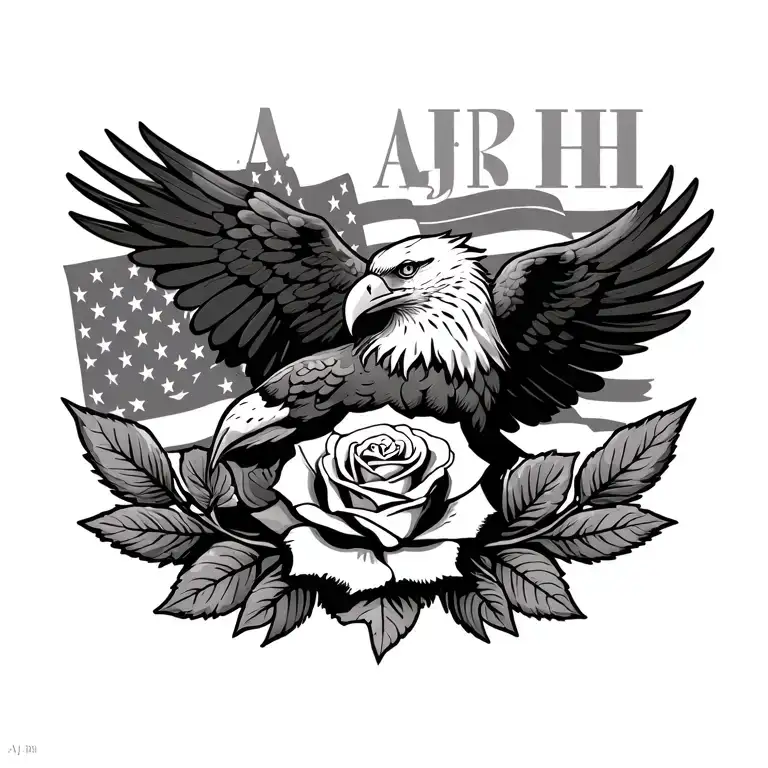 "AJBH" eagle american flag and a rose surrounded tattoo design idea