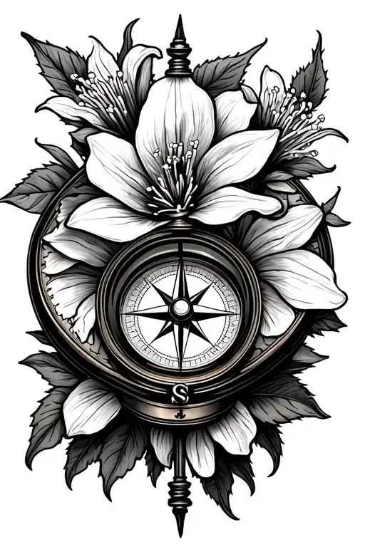 compass with clematis flower tattoo design idea