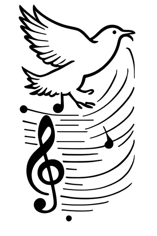 A minimalist forearm tattoo design combining a flying dove (symbol of peace), a treble clef (representing music), and a  tattoo design idea