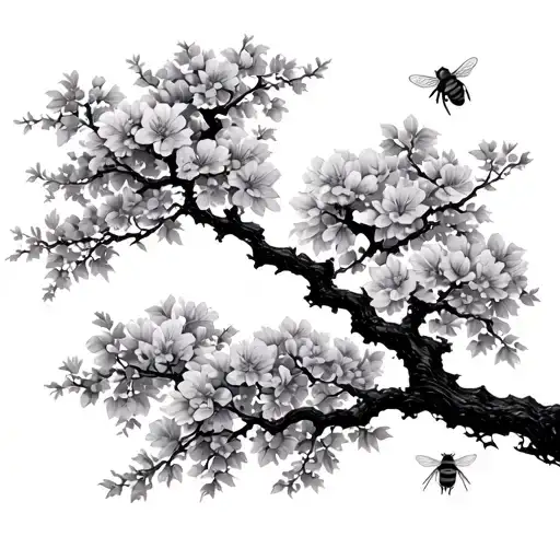 Sakura tree with one bee flying tattoo design idea