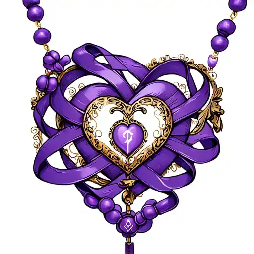 purple ribbon heart rosary, beads intertwined tattoo design idea