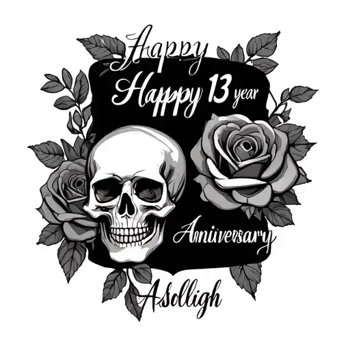 skulls and roses black and gray shaded sketch with cursive handwriting font that says Happy 13 year anniversary Ashleigh tattoo design idea