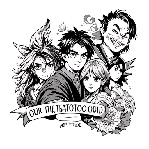 a combination tattoo of Harry Potter, Friends, Dragon Ball Z, Pokemon, Marvel, DC tattoo design idea