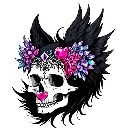 lace and gem heart on the skull , the colors are pink, lavender, sky blue, black and white, add nine tail fox, phoenix tattoo design idea