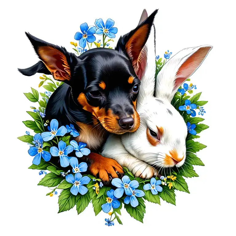 Miniature Pinscher and white rabbit sleeping with forget me not flowers tattoo design idea
